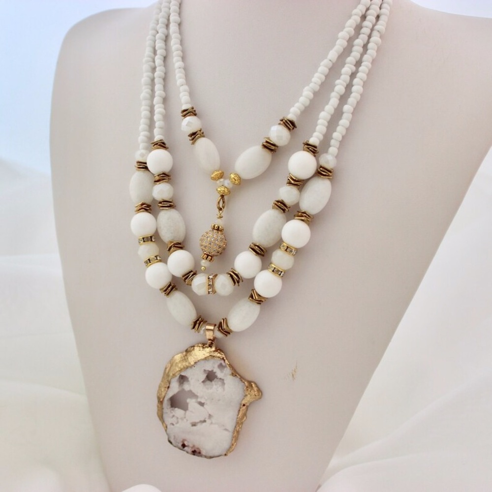 White Gold Bronze Druzy Pendant Necklace, Multi Layers White Stone Crystals Neck - Picture 8 of 10